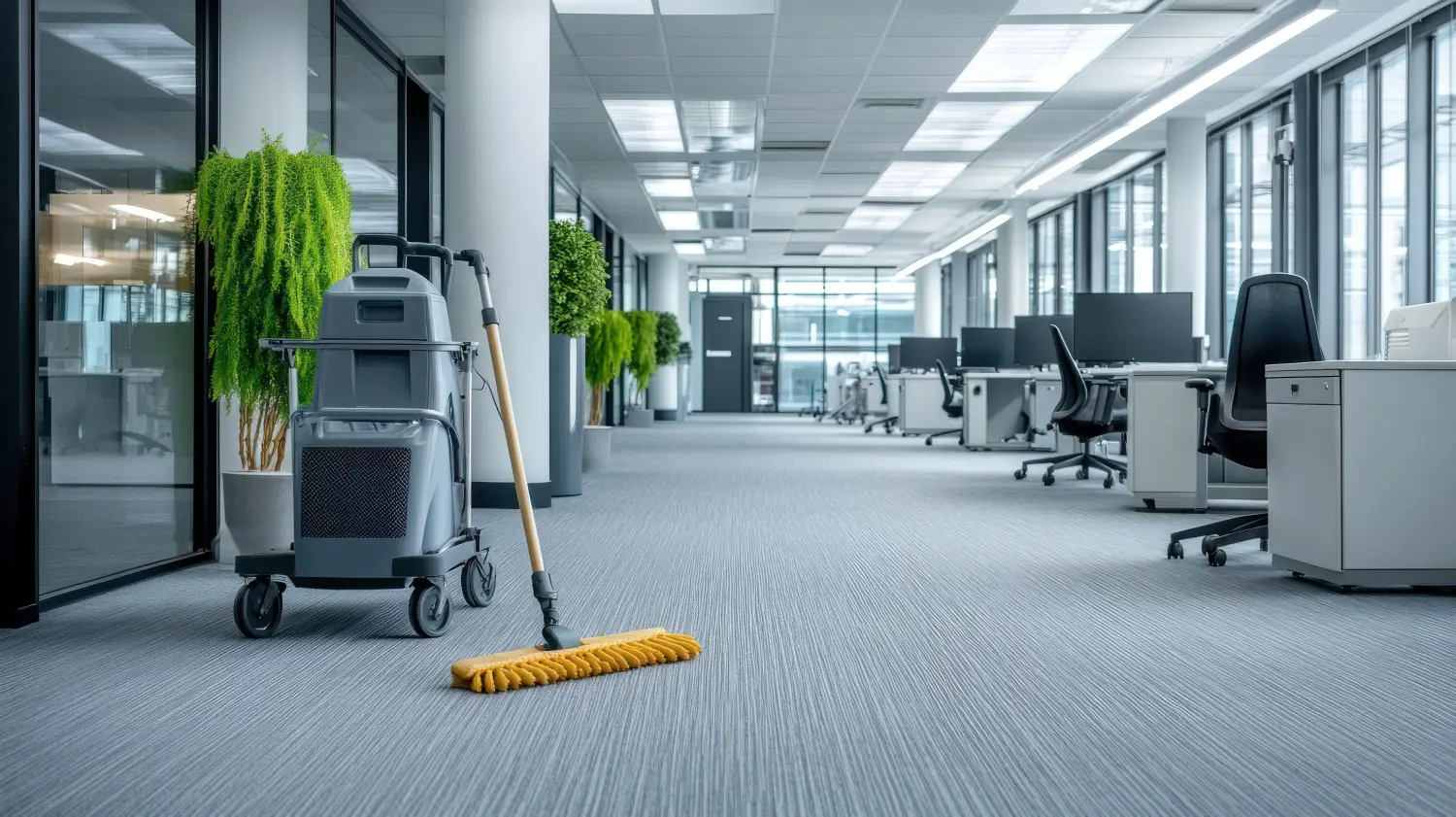 Leerer Bürokorridor mit Mopp und Reinigungswagen.